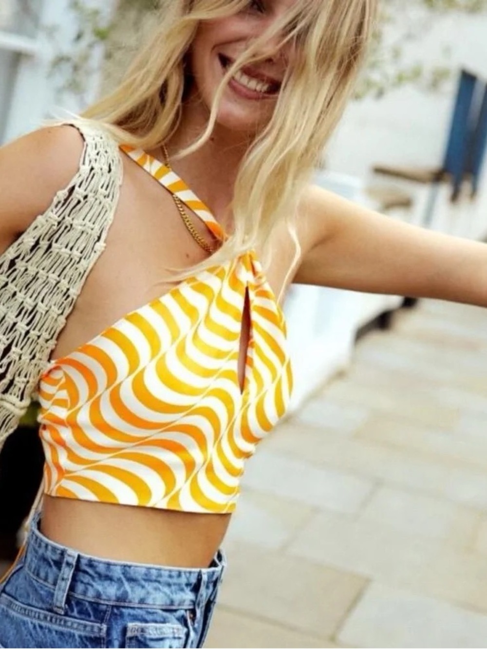 Zara Yellow and White Swirl Halter Crop Top Size S